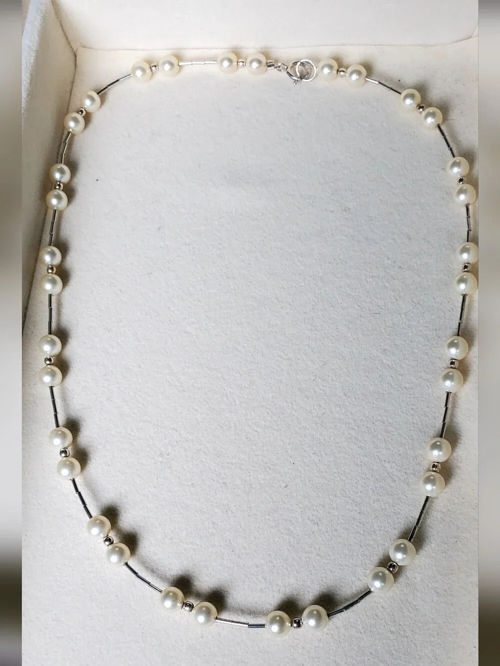 Freshwater Pearl Station Necklace - White Pearls with Silver Accents - Picture 2 of 6
